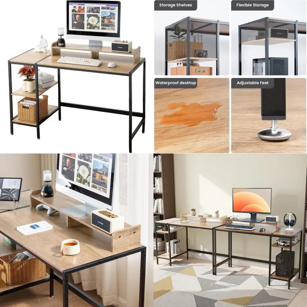 Scrivania per Computer in Legno Naturale 47 con Spazio di Archiviazione per Gaming, Piccoli Spazi e Uffici Domestici Moderni