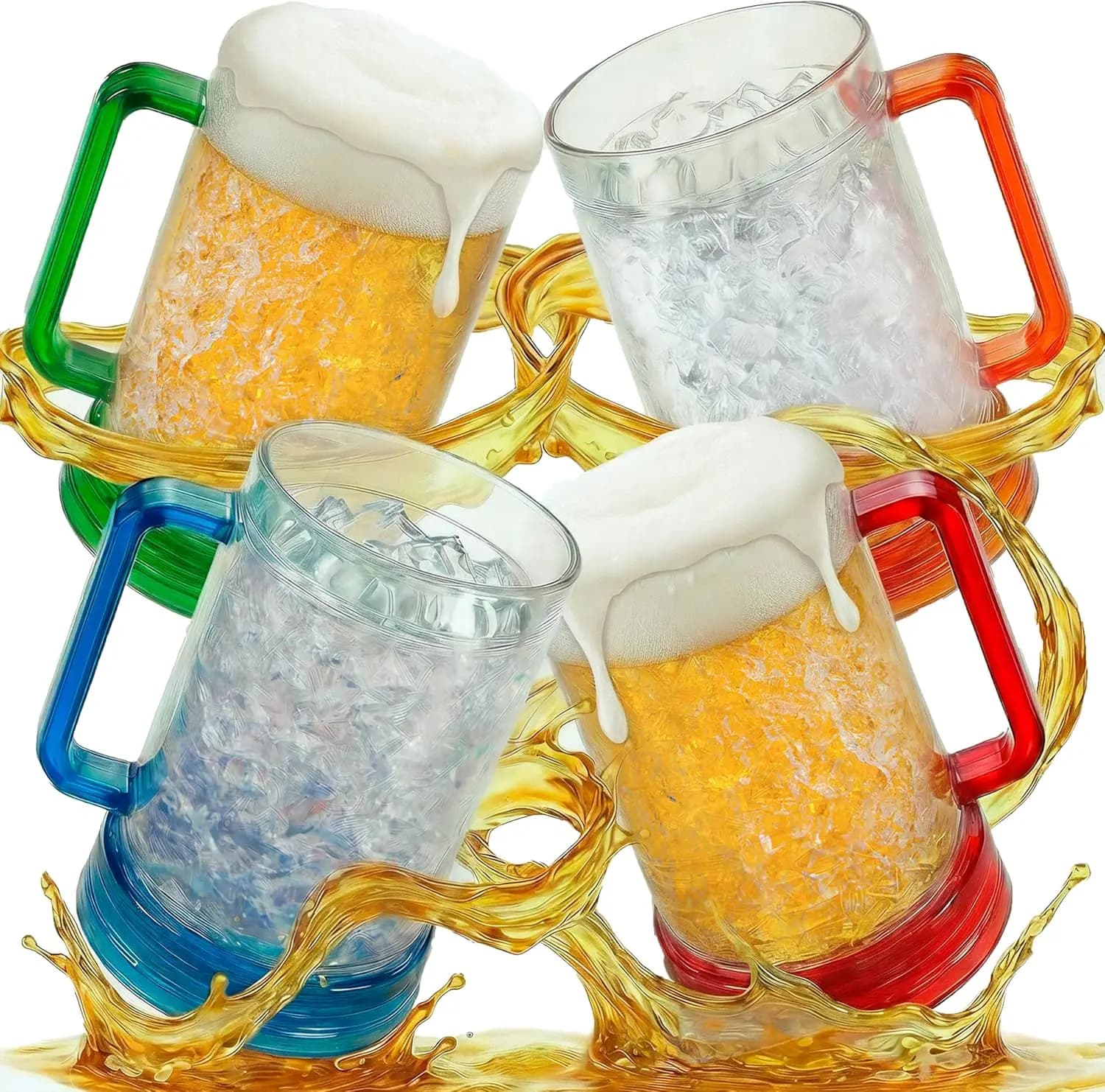Bicchieri da Birra per Freezer (Set da 4), Bicchieri a Doppia Parete da 16oz, Tazze Refrigeranti con Codice Colore