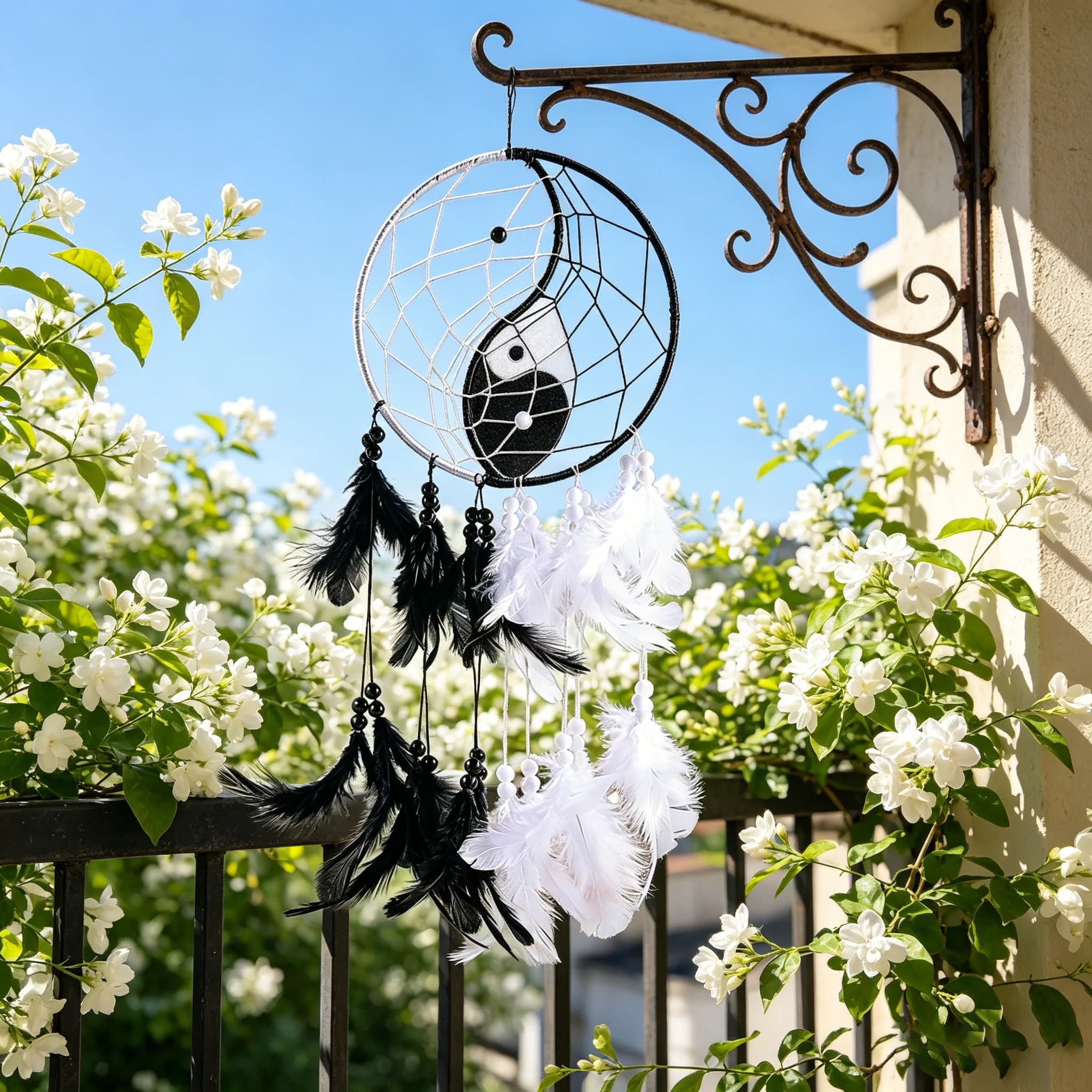 Yin Yang Tai Chi Dream Catcher Black White Feather Wall Hanging Home Decor Chinese Style Ornament Gift for Bedroom Living Room
