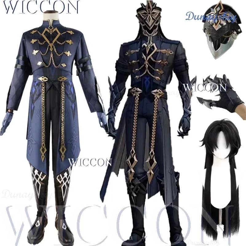 Fatui Il Capitano Costume Cosplay Il Capitano Parrucca Vestito Genshin Stivali da impatto Maschera anime Stile Halloween Party Gioco di ruolo # 1