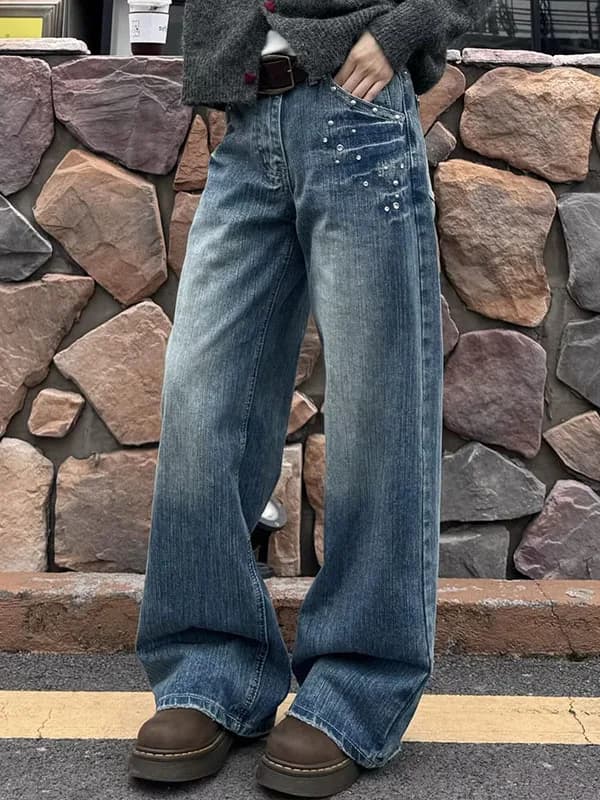 Retro American Rivet High Waist Wide Leg Denim Jeans Women's Spicy High Street Loose Casual Slim Straight Pants