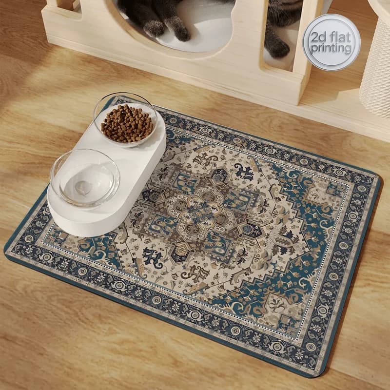 Tappetino Assorbente per Cibo di Cani e Gatti con Motivo Floreale Persiano Geometrico | Tappetino Antiscivolo per Cani, Tovaglietta per Animali Domestici