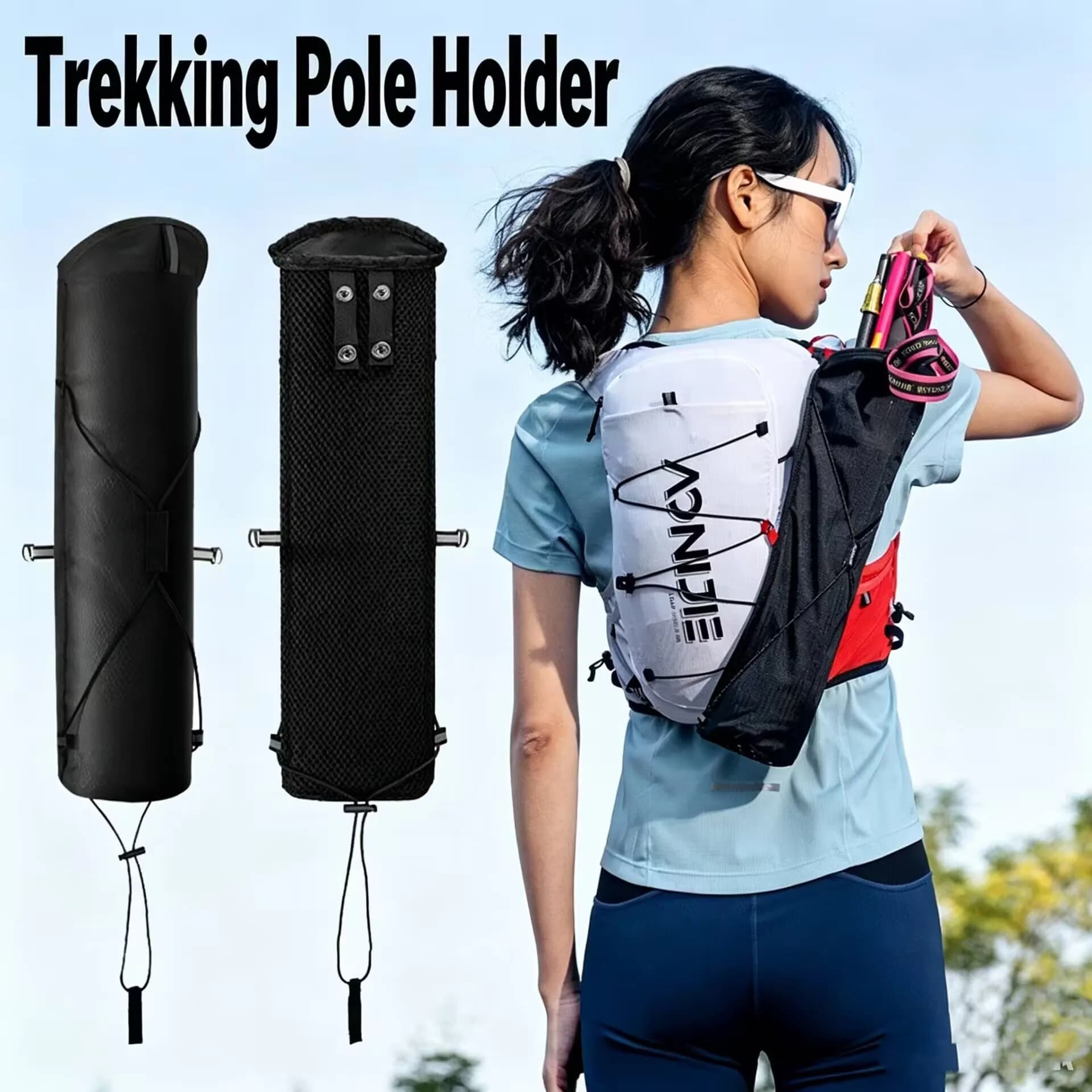 1 Piece Trekking Pole Holder Bag Adjustable Walking Stick Storage Pouch for Trail Running Vest Backpack Hiking Outdoor Accessory