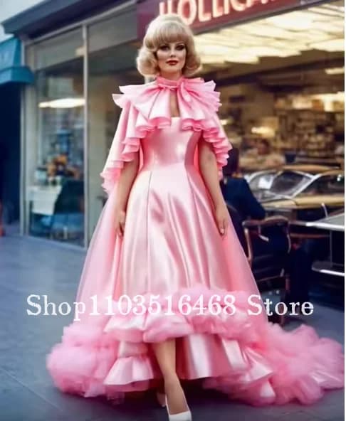 Bright Pink Medieval Ball Gown Edwardian Victorian Duchess Walking Petal Cape with Lace Trim