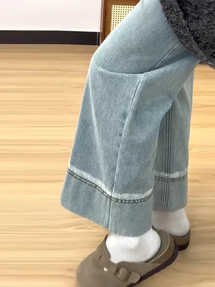 Blue High Waist Thickened Winter Denim Straight Leg Jeans Women's plus Size Butt Covering Slimming Pants High Waist Wide Leg