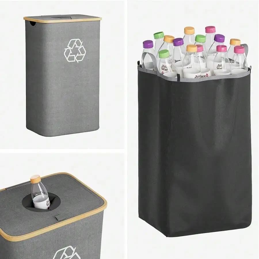 Recycling Bin With Lid And Reusable Inner Bags For Kitchen Bottle Can Glass Plastic 100L Grey