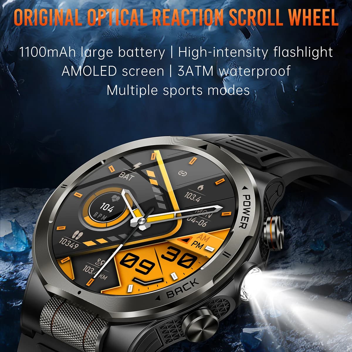 Nuovo Smartwatch Sportivo da Esterno con Display AMOLED, Chiamate BT, Bussola, Assistente Vocale, Torcia LED, Batteria Grande da 1100mAh, Orologio Intelligente da Uomo