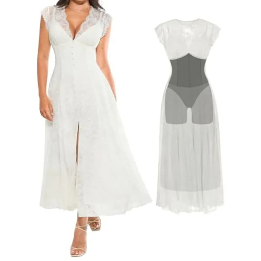 Abito lungo da donna Popilush in pizzo, elegante, senza maniche, scollo a V, modellante, per cocktail, invitata a matrimoni, madre della sposa, con spacco