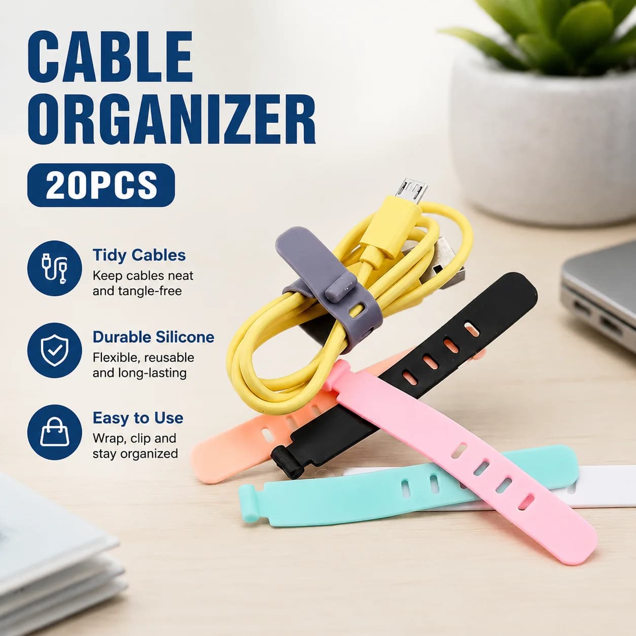 20 Pezzi Organizzatori per Cavi in Silicone, Clip per Gestione Cavi per Caricabatterie, Mouse, Auricolari, Cinghie Avvolgicavo