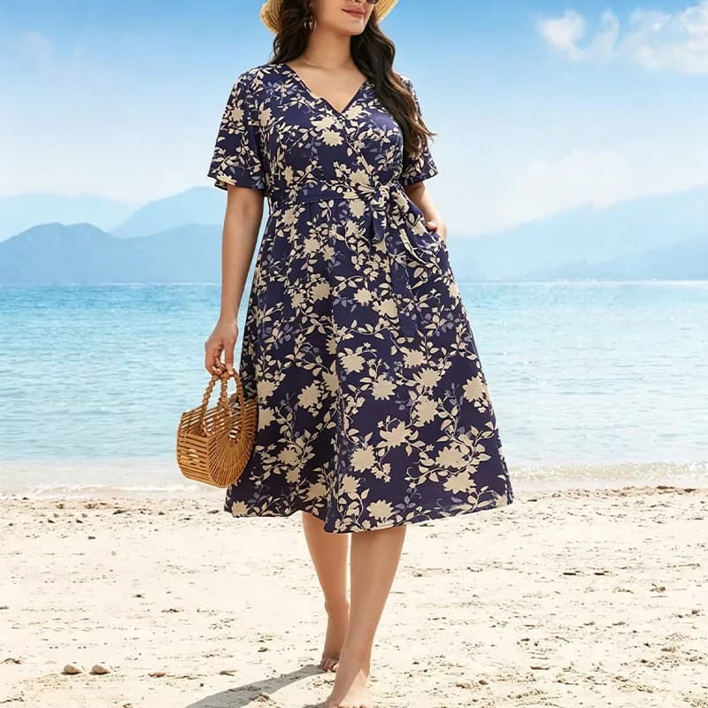 Abito con scollo a V con stampa floreale plus size per donna con tasche e cintura Elegante abito estivo di media lunghezza per feste estive