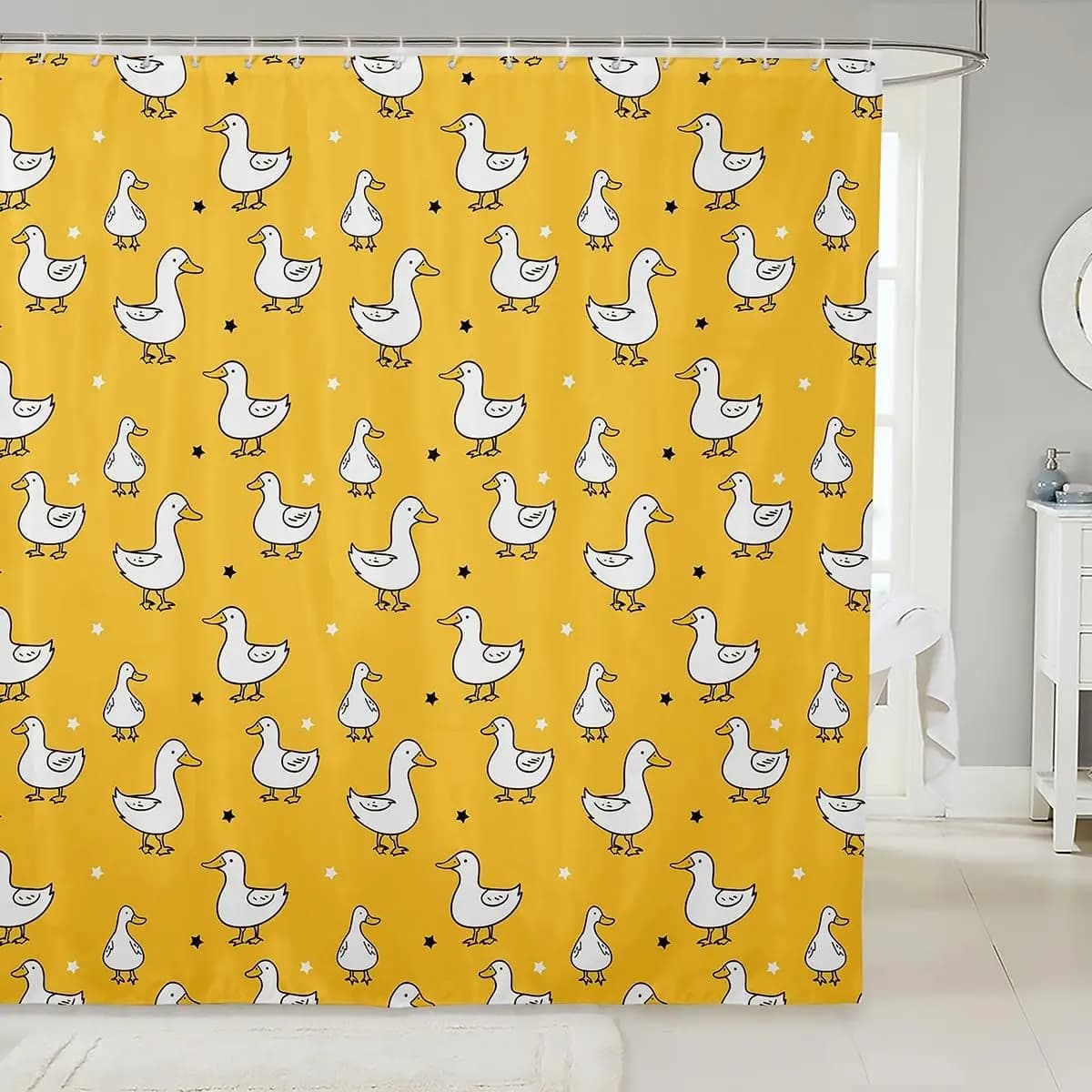 Tenda da doccia con anatra cartone animato per bambini, ragazzi e ragazze, tenda da bagno con oca bianca, tenda da bagno con stelle adorabili, animale rustico della fattoria