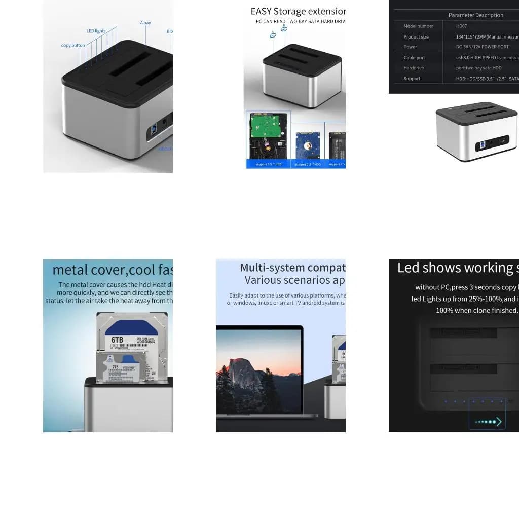 Usb3.0 2 Bay HDD Box Case- External HDD Docking Station Holder for Sata HDD