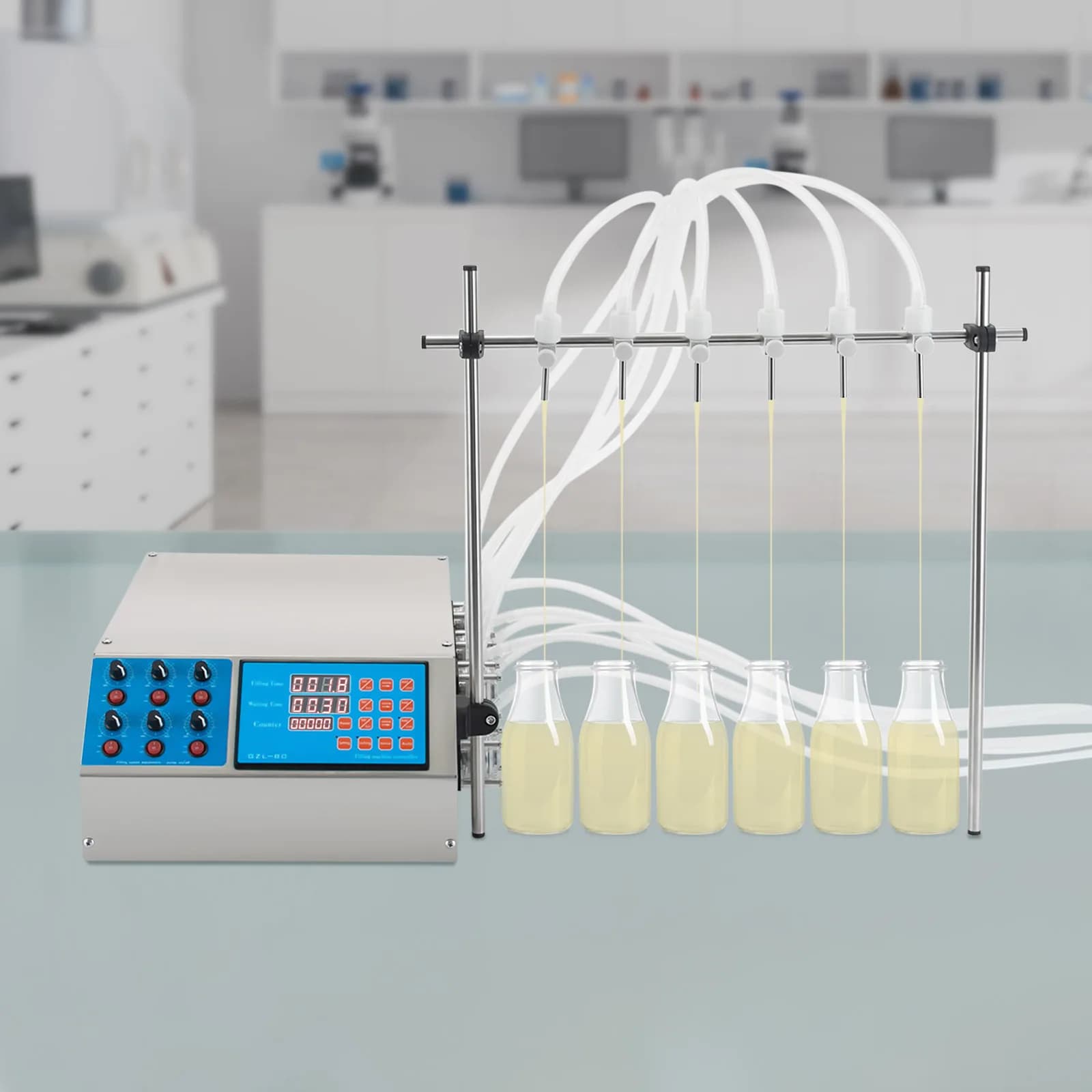 Riempitrice di liquidi a 6 teste con pompa peristaltica, controllo digitale automatico di riempitivi per bottiglie per succhi, oli essenziali, olio MCT