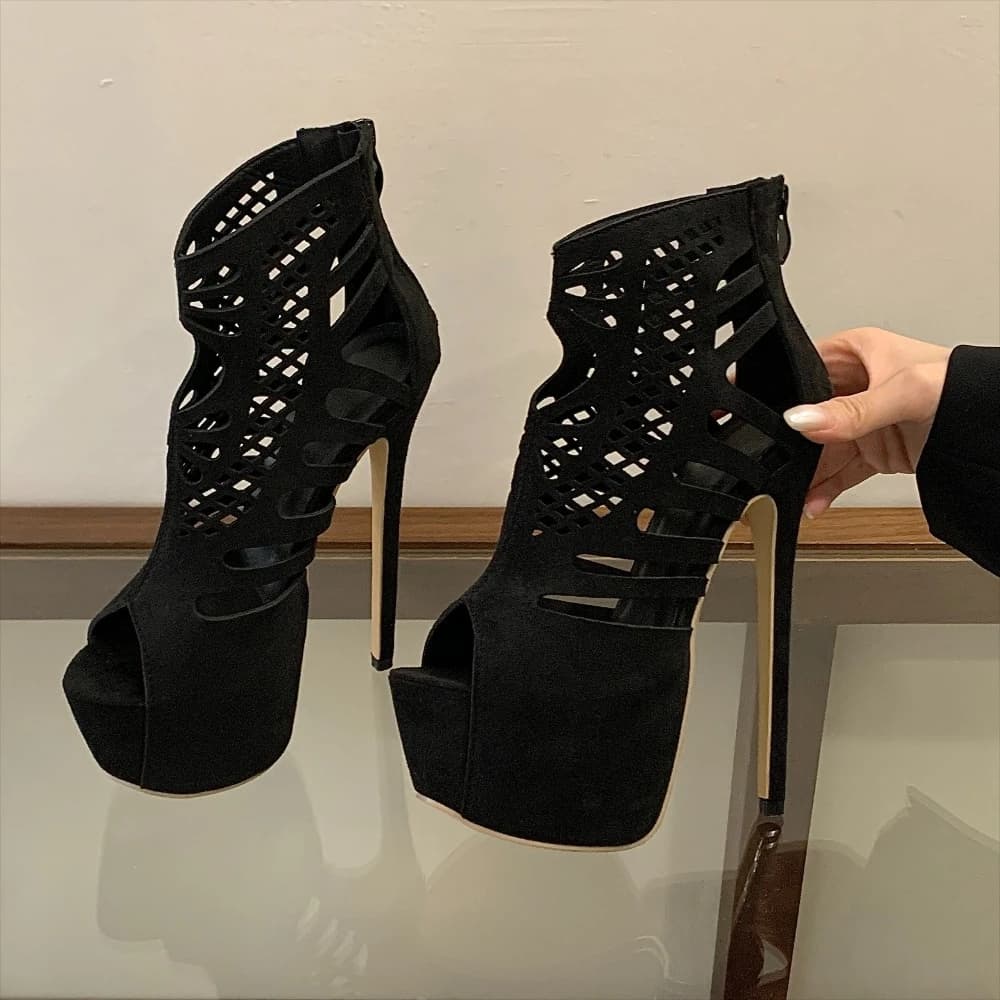 Aneikeh Stivali sandalo con plateau alla caviglia scavati alla moda neri Tacchi ultra alti Stivaletti fantastici Scarpe da sera per banchetti da donna