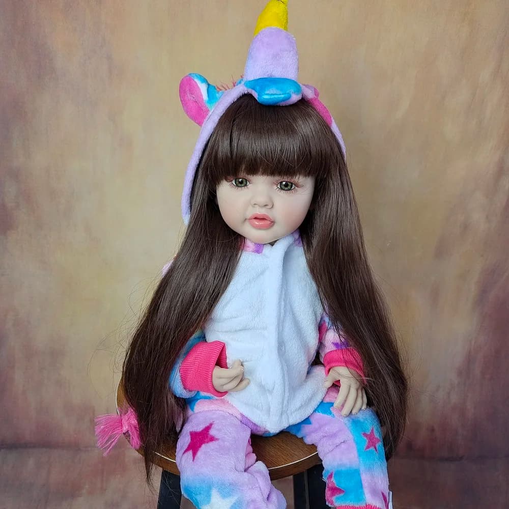BZDOLL Bambola Reborn Femmina 55 CM 22 Pollici in Vinile Morbido Realistica con Capelli Lunghi Castani, Principessa Realistica, Regalo di Compleanno per Bambini