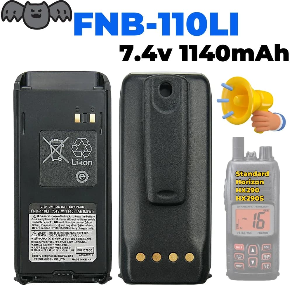Batteria agli ioni di litio FNB-110LI da 7,4 V 1140 mAh per batteria ricaricabile per walkie-talkie marino Horizon HX290 HX290S standard con clip da cintura