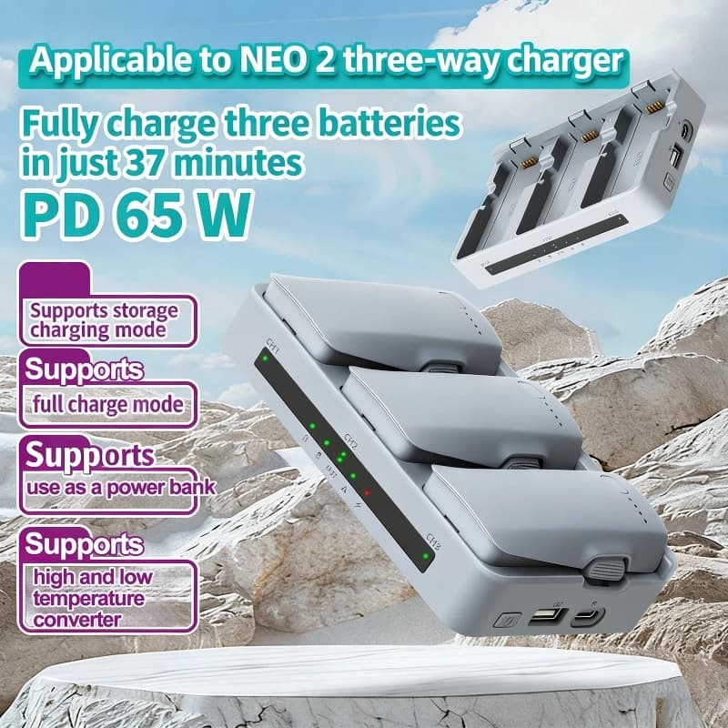 Caricabatterie Rapido 65W, Hub di Ricarica a 3 Vie per Batterie, Sistema di Ricarica Intelligente per Droni