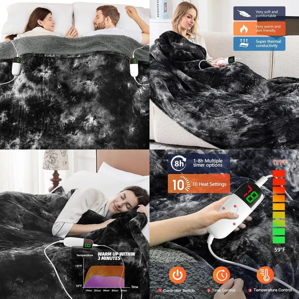 Coperta elettrica Sherpa in pelliccia sintetica Queen Size con 5 timer e 10 impostazioni di calore, 84x90 nera, regalo caldo ideale