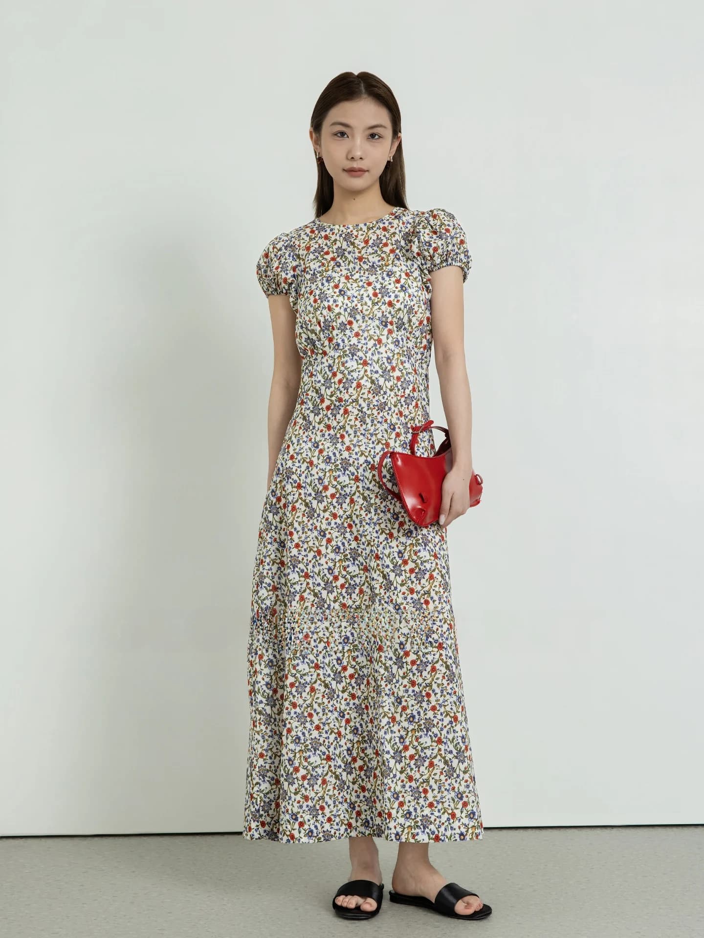 Abito Midi Estivo con Stampa Floreale e Geometrica, Vestito da Donna con Maniche a Palloncino per Vacanze, Stile Casual in Cotone con Vita Arricciata