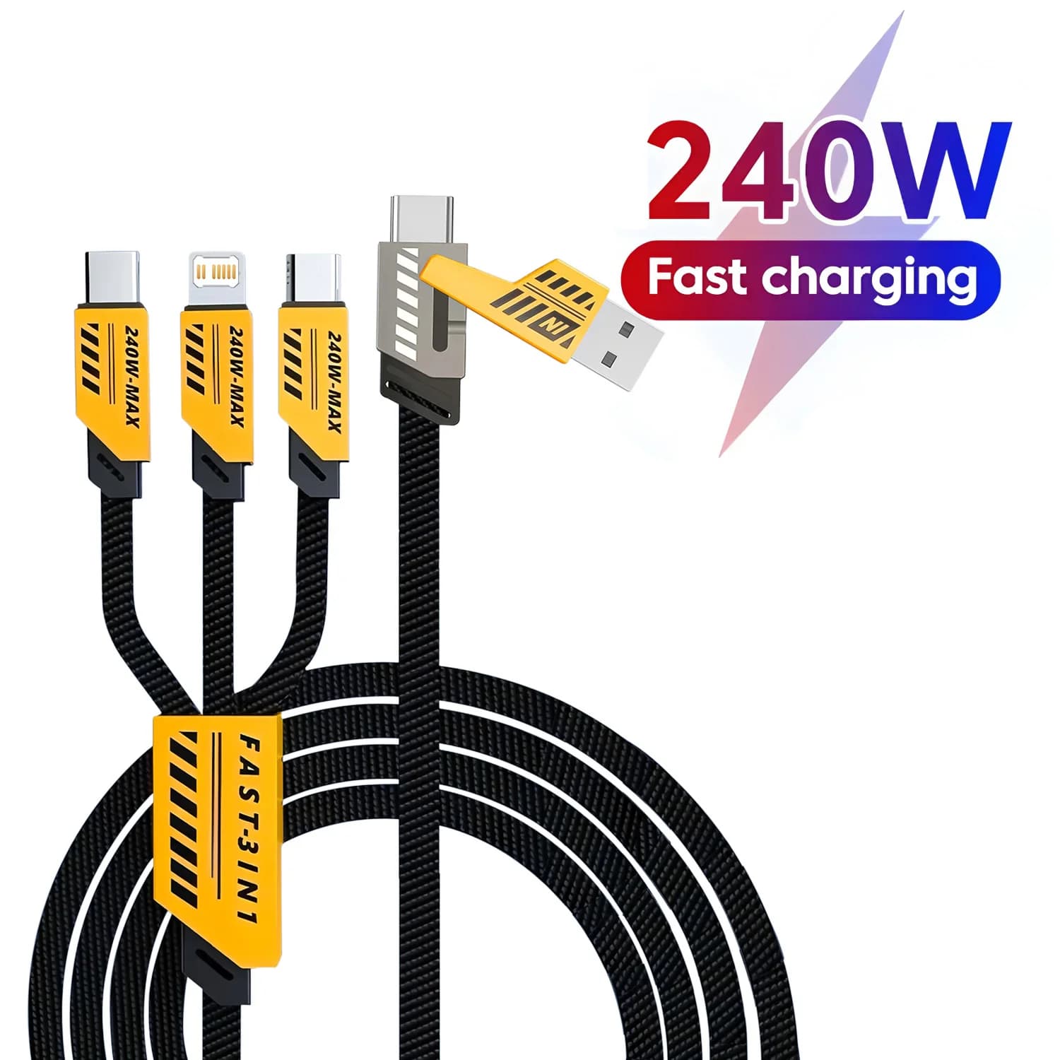 Quick charging cable 3 in 2 from 240W for Micro USB, Type C and USB A, multi- charging cable USB for iPhone and Huawei
