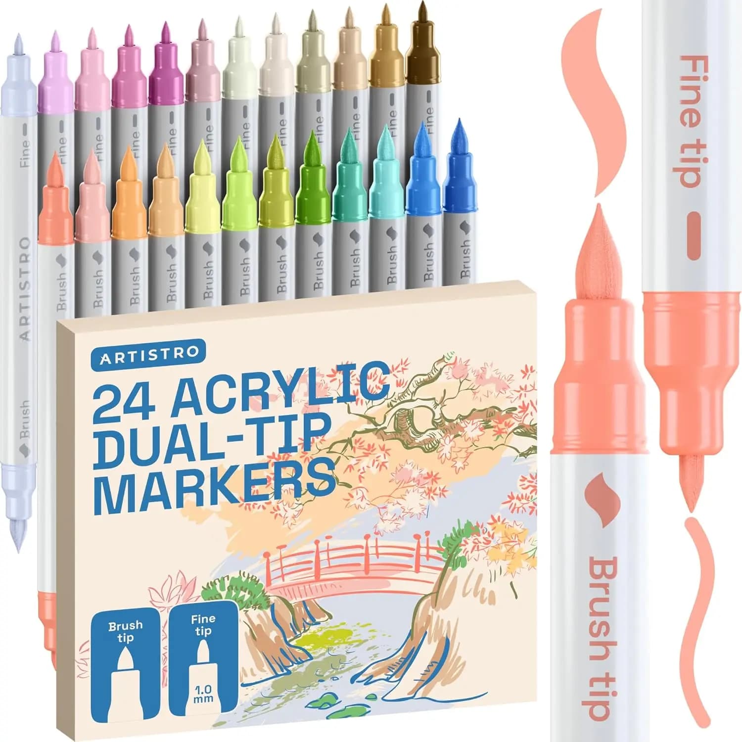 24 Pastel Acrylic Paint Markers - Dual Tip Brush & Fine, Multi-Surface Art Supplies for Adults, Teens, Kids