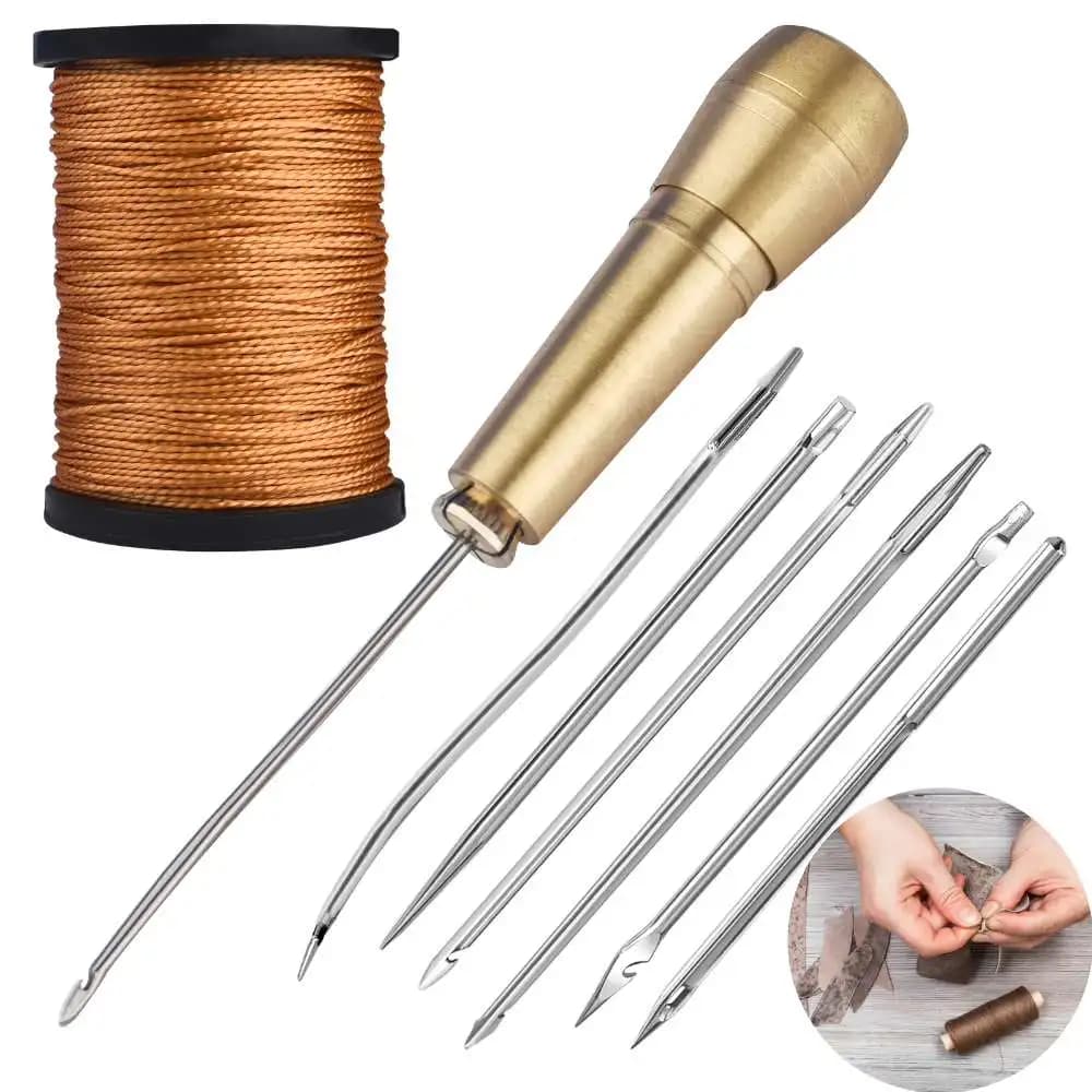 Kit da cucito in pelle Ago per punteruolo da cucito in pelle fai-da-te con manico in rame Set Scarpe da tenda in tela per pelle Strumento di riparazione Filo di nylon