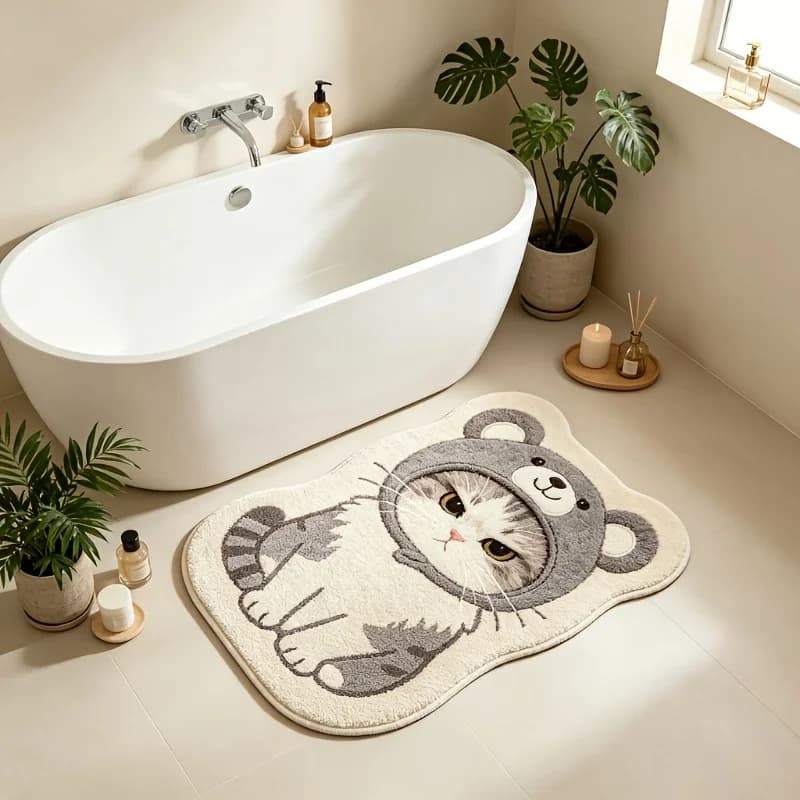 VIKAMA Cute Cat Wearing Bear Hat Irregular Rug Soft Fluffy Water Absorbent Non Slip Bathroom Floor Mat Home Decor