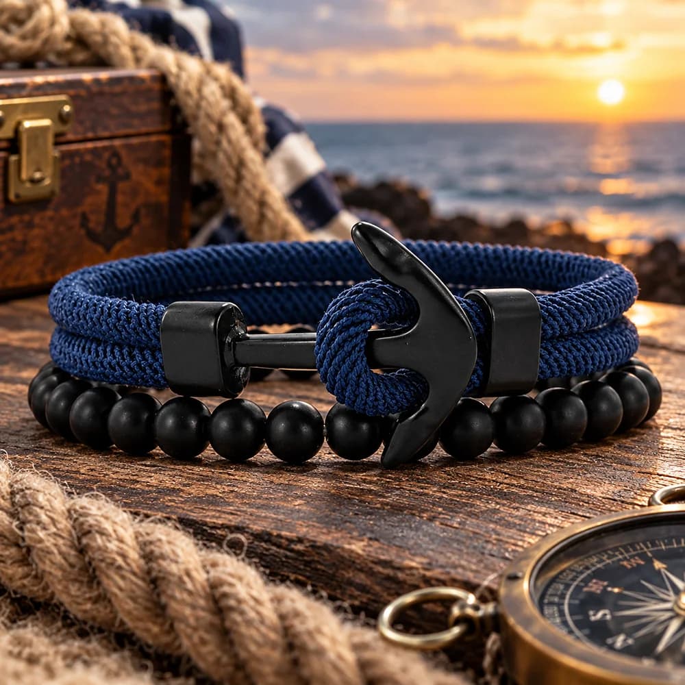 Classic 2Pcs/Set Anchor Rope Beaded Bracelet Men Handmade Bilayer 6mm Matte Stone Elastic Braslet Charm Business Homme Jewelry