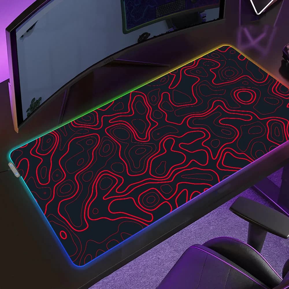 Tappetino per Mouse da Gaming con Mappa Topografica Curva Nera, Retroilluminazione LED RGB, Tappetino da Scrivania XXL in Gomma con Micro USB