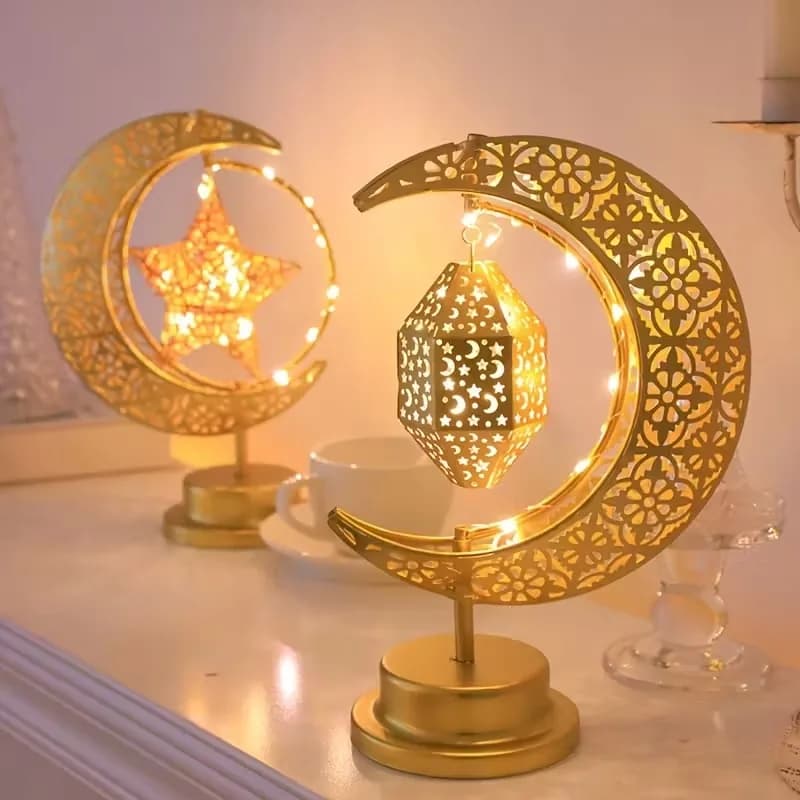 Luce notturna a LED Ramadan Rotante in ferro Luna e stelle Decorazione Eid Mubarak per lampada decorativa da tavolo per la casa del Medio Oriente