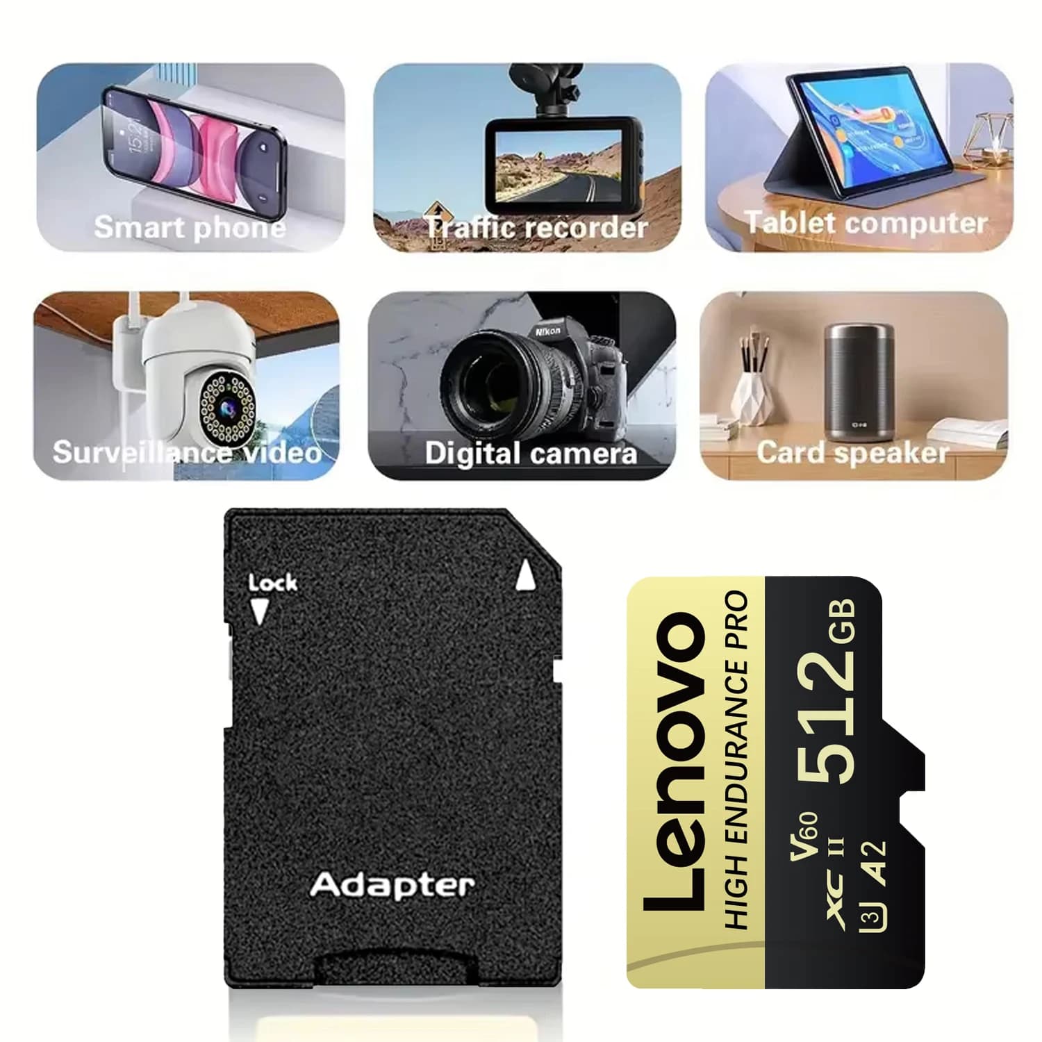 Scheda Micro SD Lenovo 1TB ad Alta Resistenza, Scheda di Memoria 128GB 256GB 512GB U3 V60 TF Flash Card per Fotocamera, Drone, Registratore di Guida