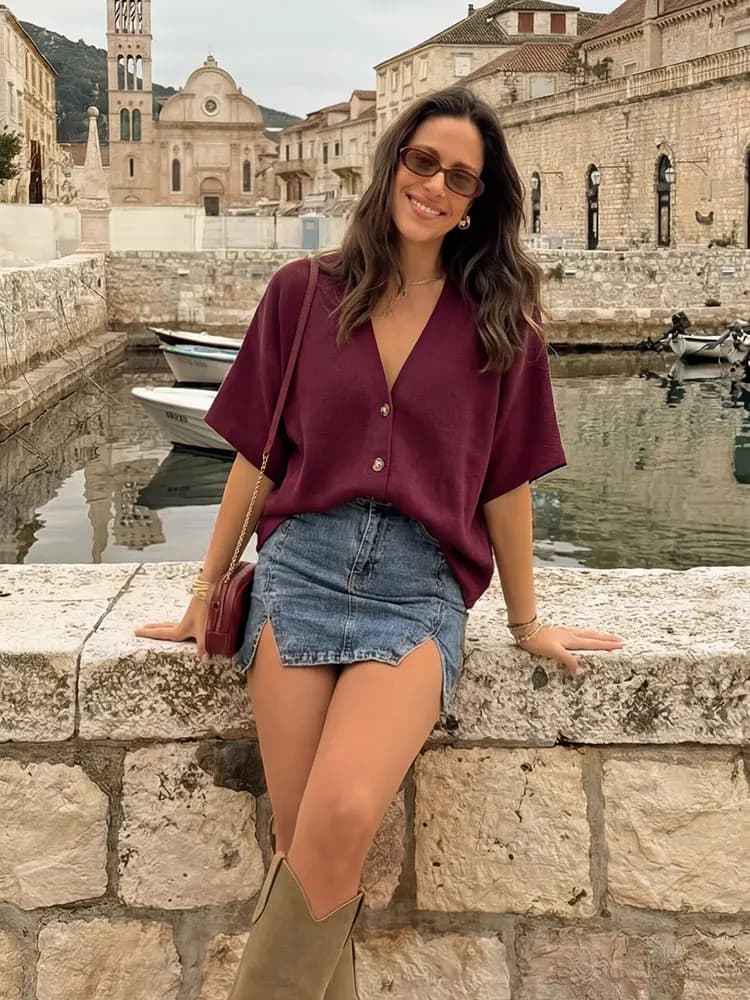 Maglione Oversize da Donna HH Bordeaux con Scollo a V e Maniche Corte in Misto Lino con Bottoni Dorati per Vacanze e Spiaggia