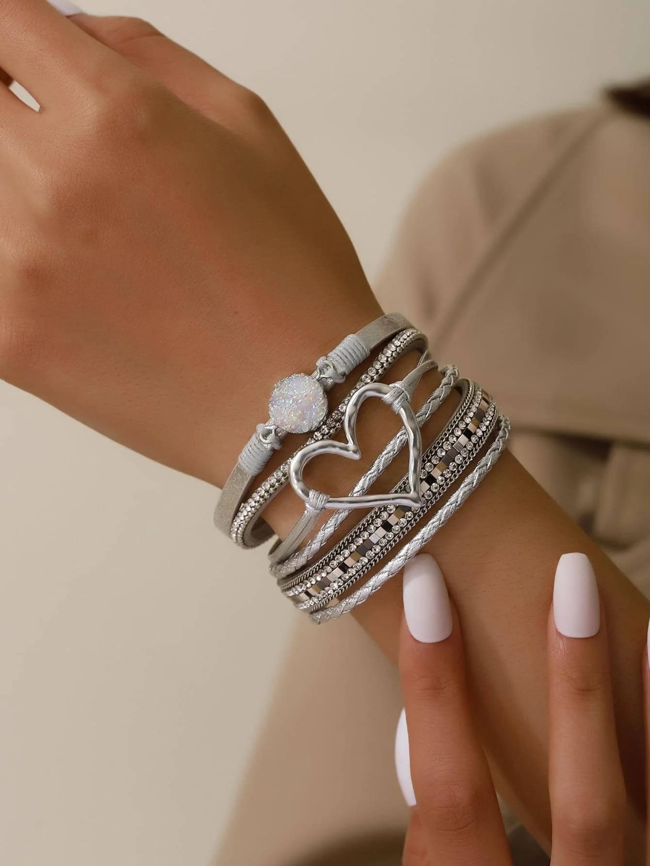 1pc Bohemian Style PU Polyurethane Cubic Zirconia Heart Decor Multi-Layer Bracelet, Gift For Women, Valentine's Day, Mother's Day