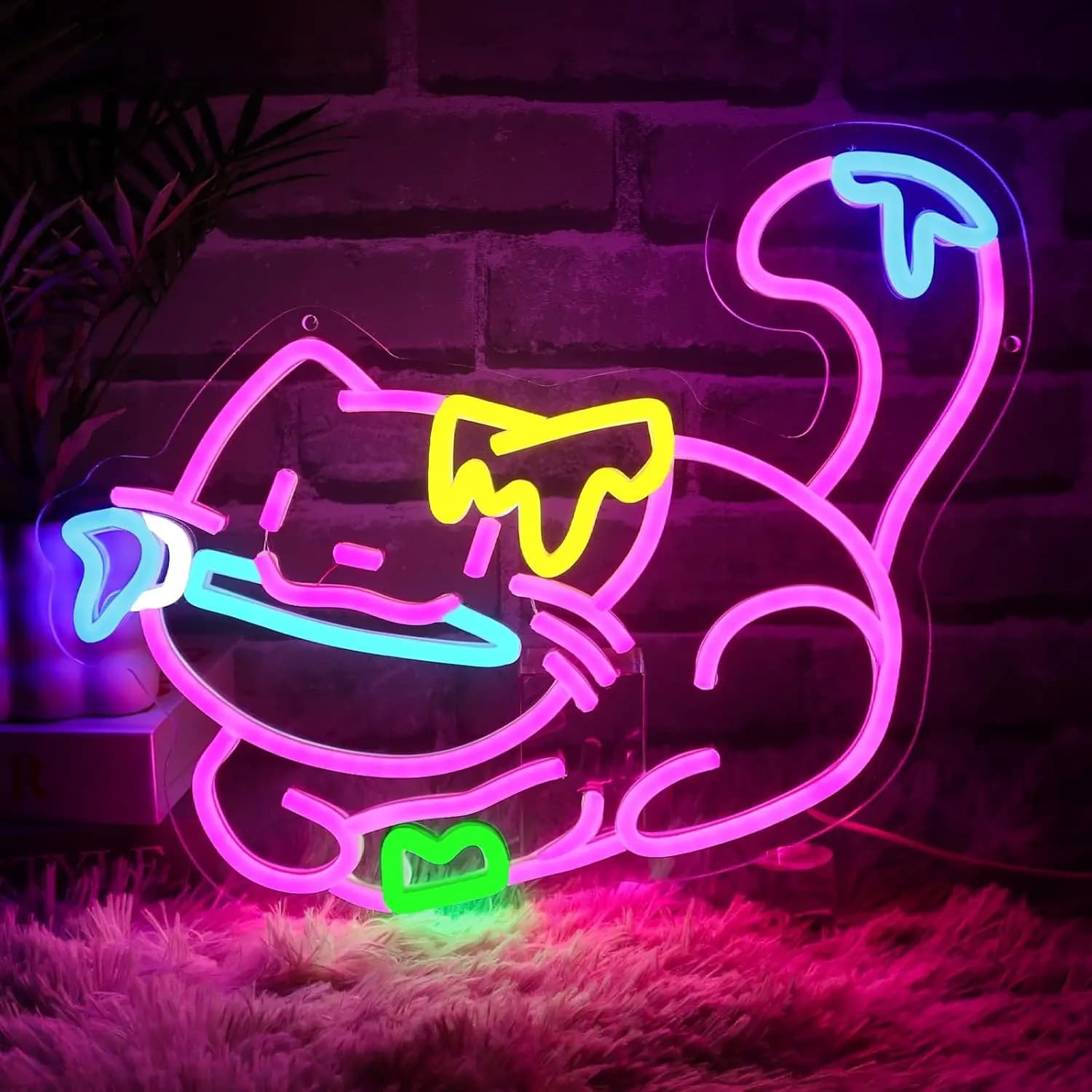 Insegna al Neon Gatto che Mangia Pesce, Luce LED Dimmerabile USB a Forma di Animale Carino per Cameretta Bambini, Decorazione Murale, Luce Notturna Kawaii per Regali di Compleanno