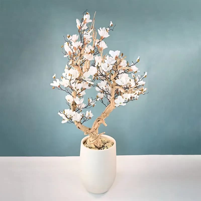 Artificial Magnolia Bonsai Tree White Magnolia Tree Dry Trunk Potted Plant for Hotel Lobby Home Luxury Interior Decor