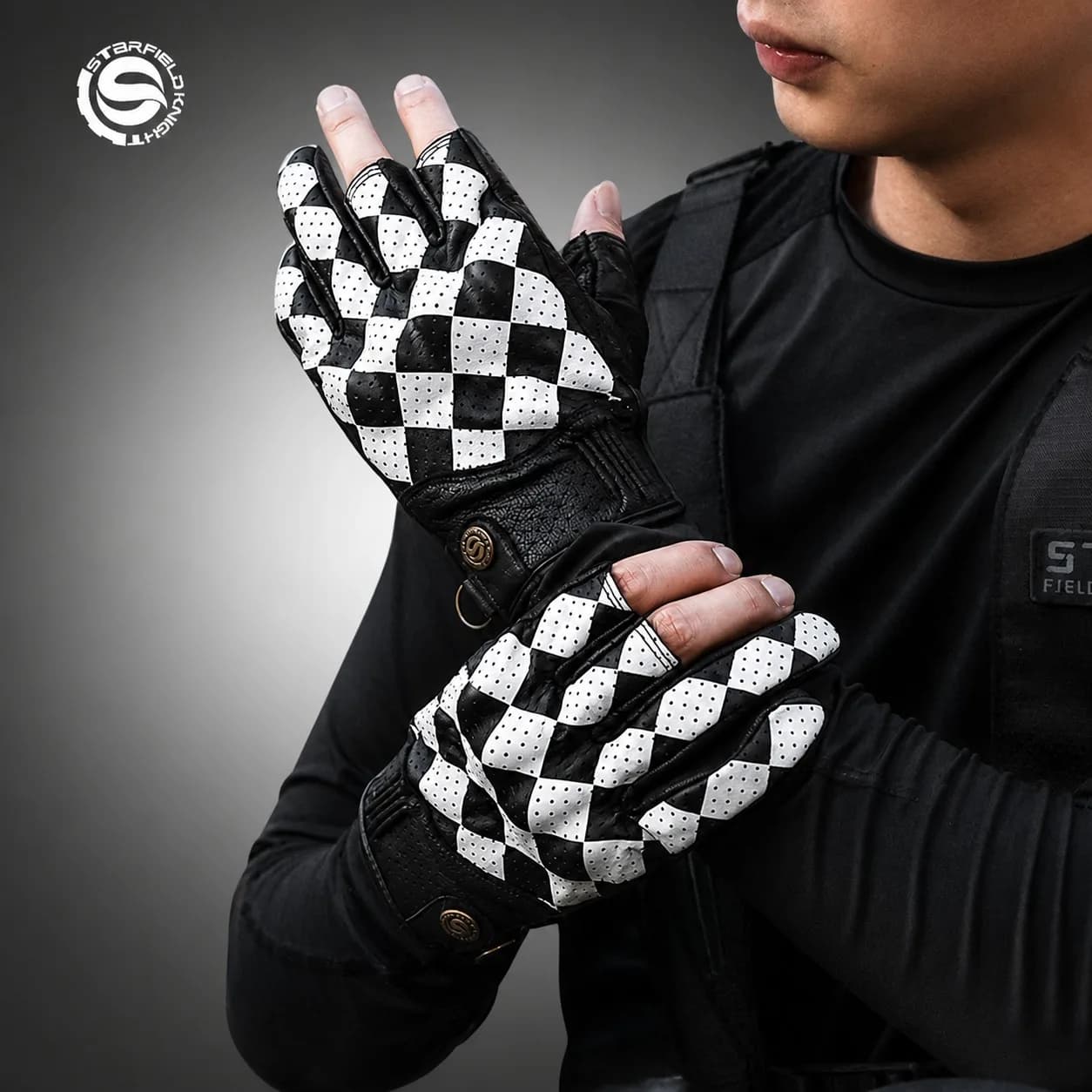 STAR FIELD KNIGHT SKG-566 Summer Half Finger Motorcycle Gloves Men Breathable Goatskin Cowhide Retro Black White Riding Gloves