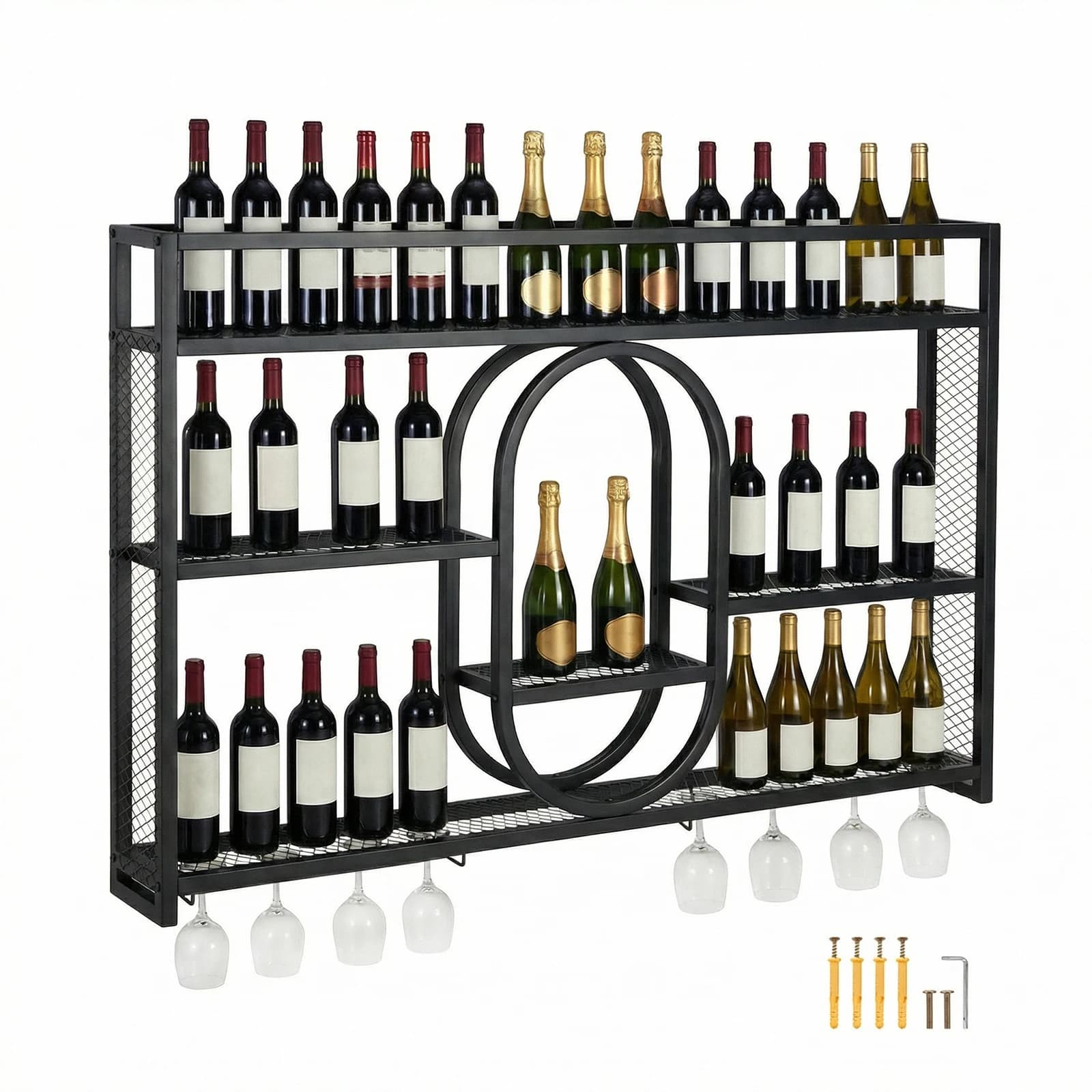 Portabottiglie da Parete in Metallo con Portabicchieri, Espositore per Vini da Cucina, Sala da Pranzo, Bar e Soggiorno