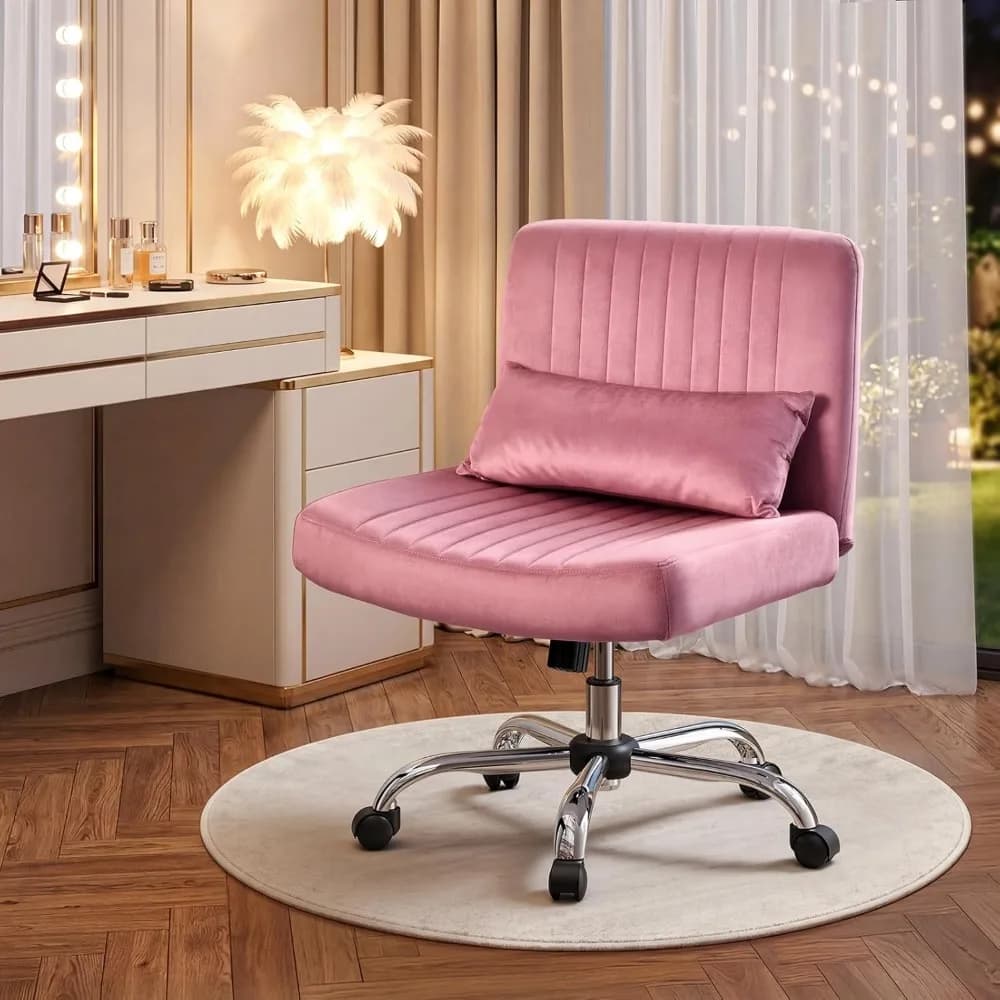 Sedia da scrivania in velluto con ruote, girevole, seduta larga, regolabile, senza braccioli, per gaming, colore rosa antico
