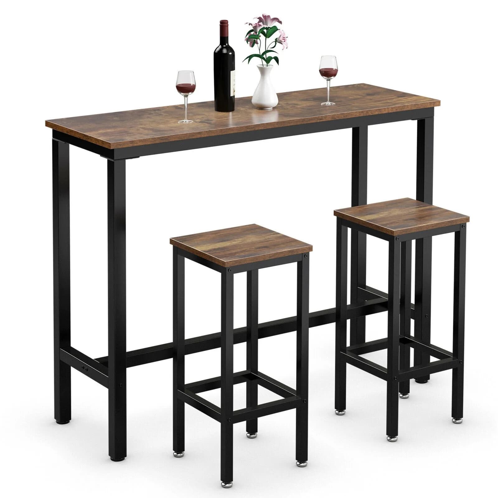 Set da 3 Pezzi: Tavolo da Bar Alto con Sgabelli, Stile Rustico Marrone