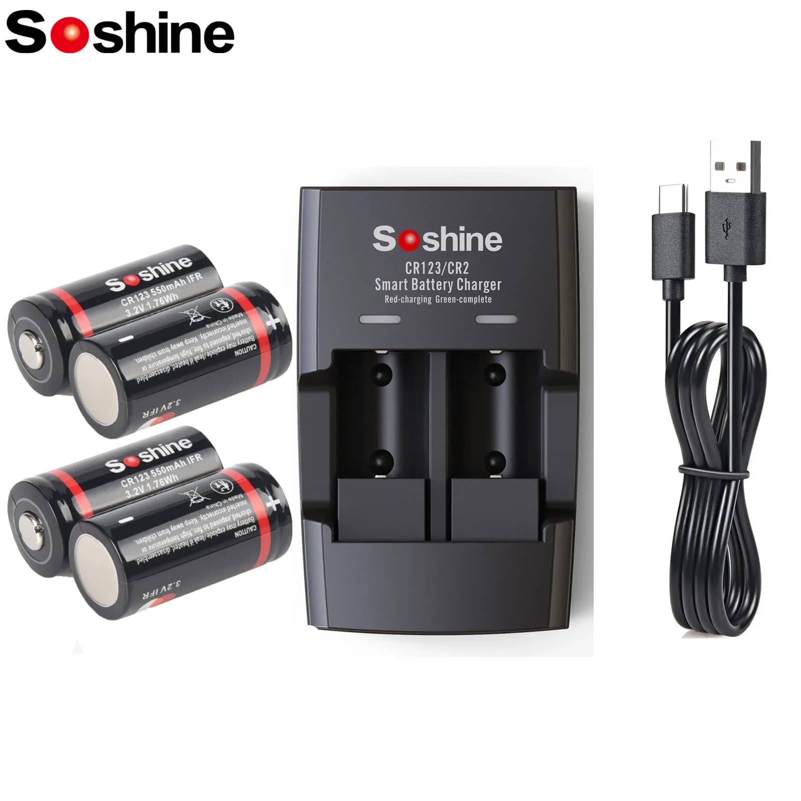 Batteria ricaricabile Soshine LiFePO4 da 550 mAh e caricabatteria intelligente LiFePO4 3,2 V RCR123 16340 batterie per allarme di fumo giocattolo