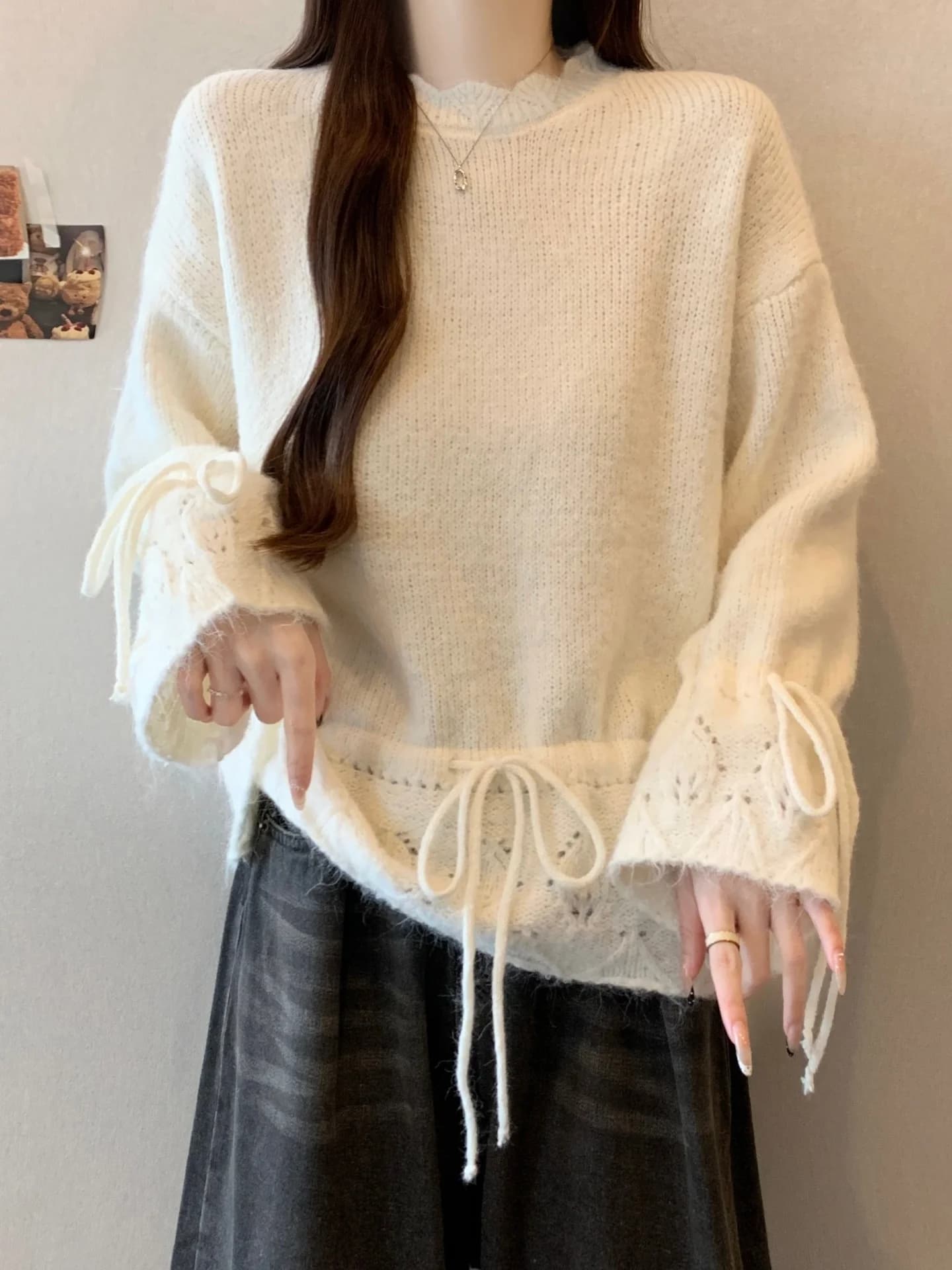 Women's Long Sleeve Knitted Base Shirt Sweater Slimming Waist Belted Spring Autumn plus Size Conceals Belly Top Commute Style