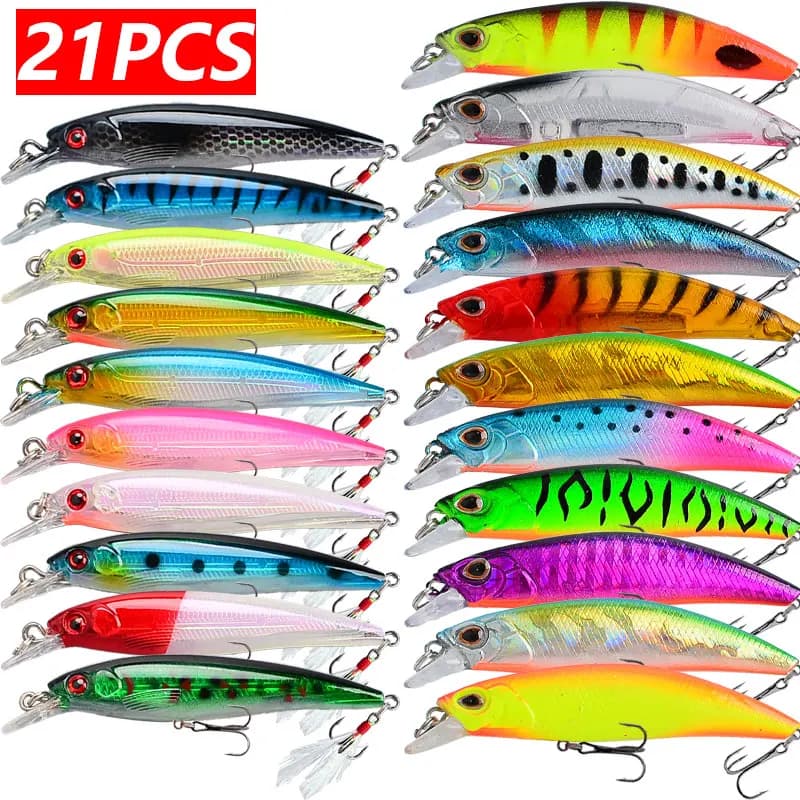 21pcs/lot Fishing Lures Minnow 6.5g/0.23oz Mixed Color ABS Body Artificial Fish Hard Bait for Sea & Carp Fishing