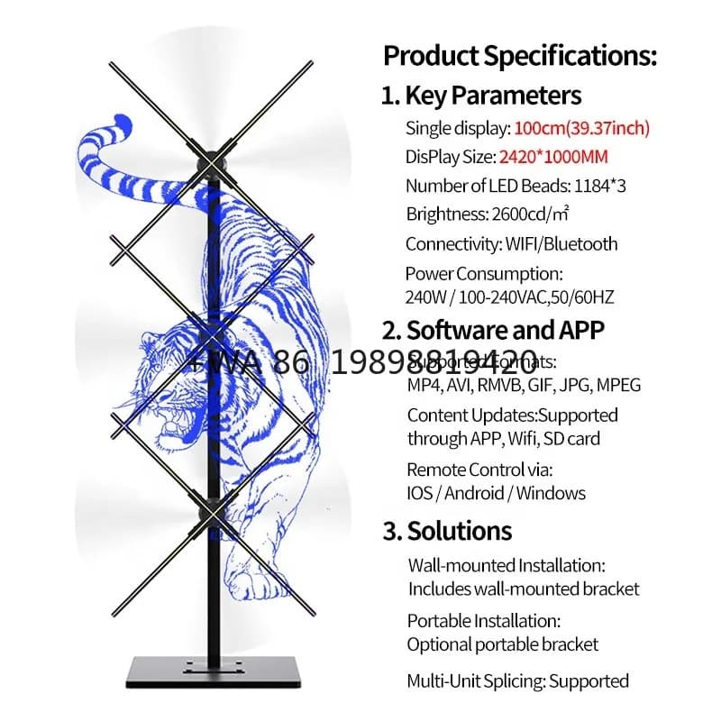 3*100 CM 3D Ologramma Proiettore Attrezzature pubblicitarie Display Stand Schermo Proiezione olografica 3D Ventola LED Display digitale uomo