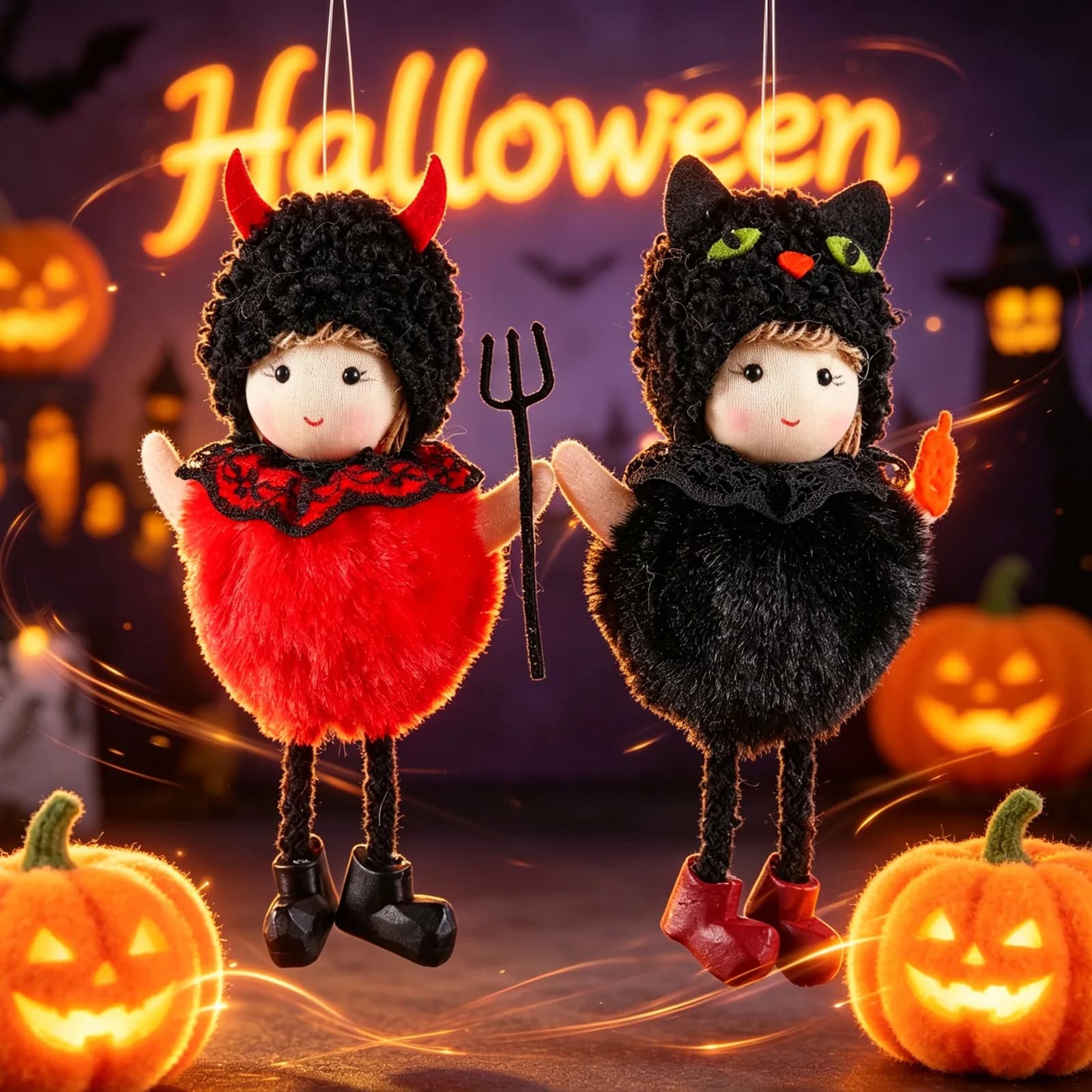 2/4pcs Halloween Hanging Pendant，2 Styles Devil Horn & Black Cat Design Cute Fluffy Pendant, for Tree Home Party Decor