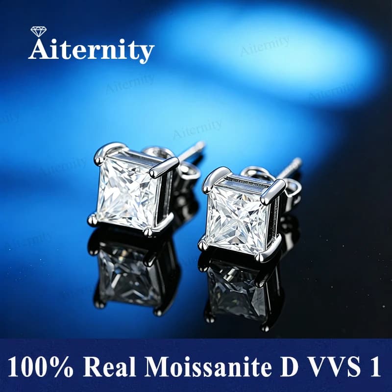 Certified 0.5-2 Carat Square Cut Moissanite Earrings D Color VVS1 925 Silver Women's Party Jewelry Gift