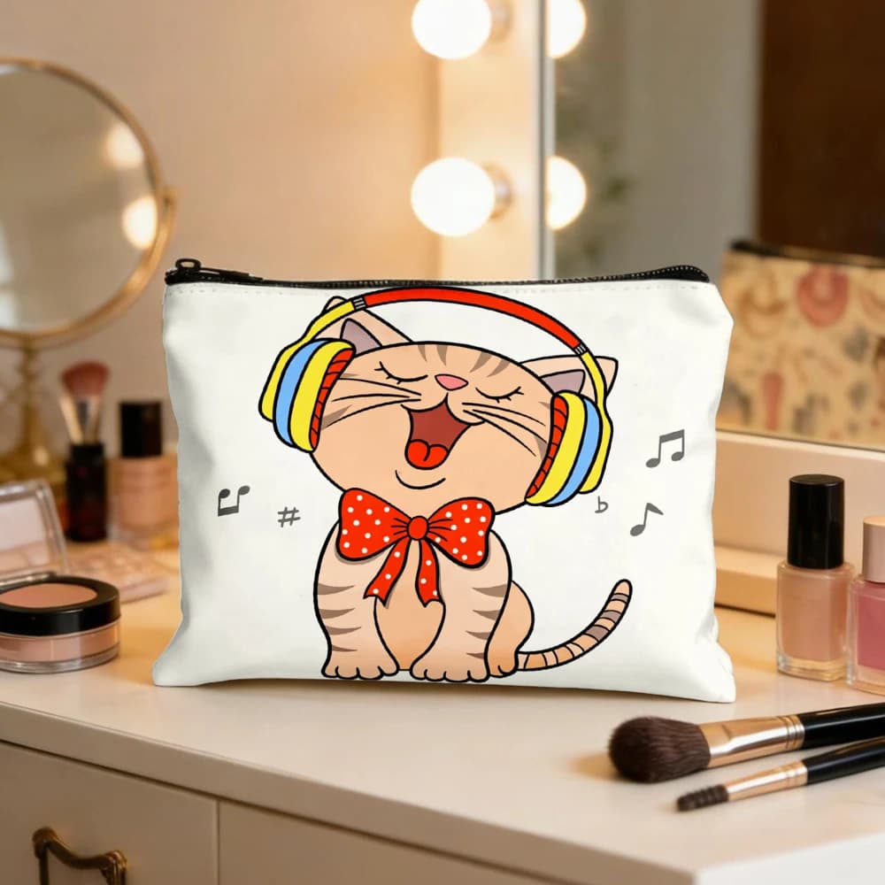 Borsa per il Trucco con Gattino Carino con Cuffie che Canta, Astuccio per Cosmetici, Borsa da Toilette, Portamatite, Contenitore da Viaggio per Ragazze