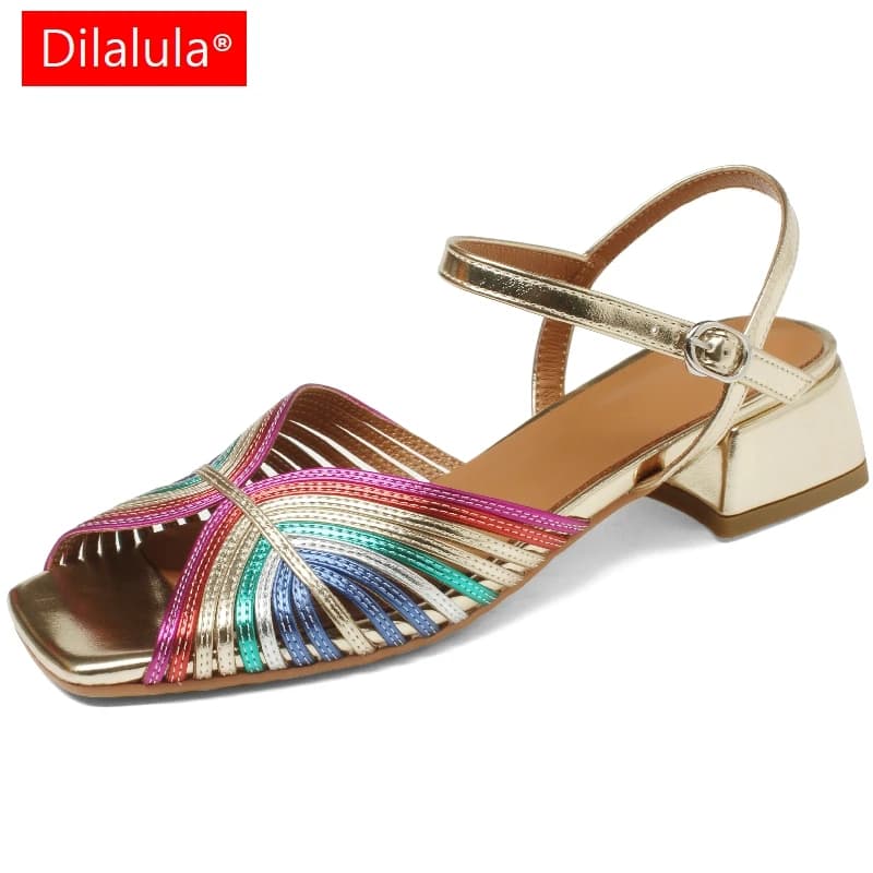 Dilalula 2025 Sandali a fascia stretta multicolori in vera pelle stile francese da donna Sandali con tacco medio da donna Sandali estivi da festa