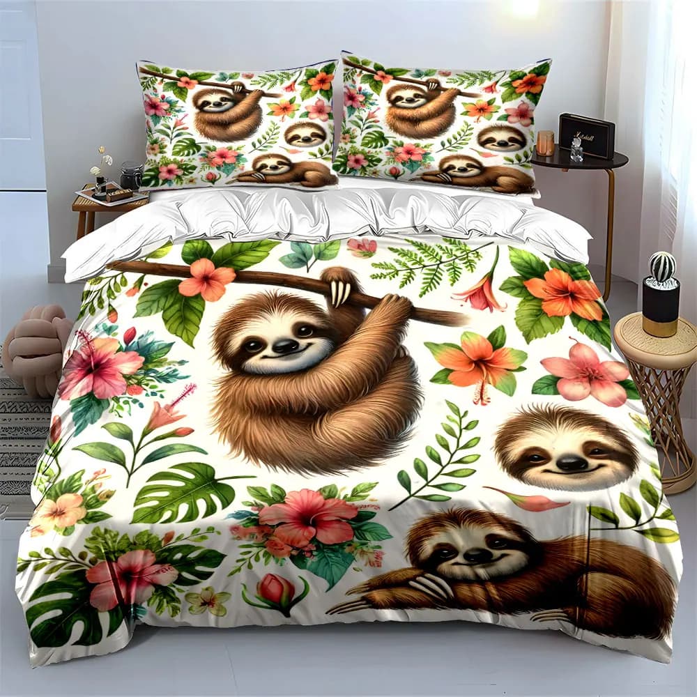Sloths and Floral Nature Art Print Bedding Set 1 Duvet Cover 2 Pillowcases for Adult and Children Luxury Gift Full Size