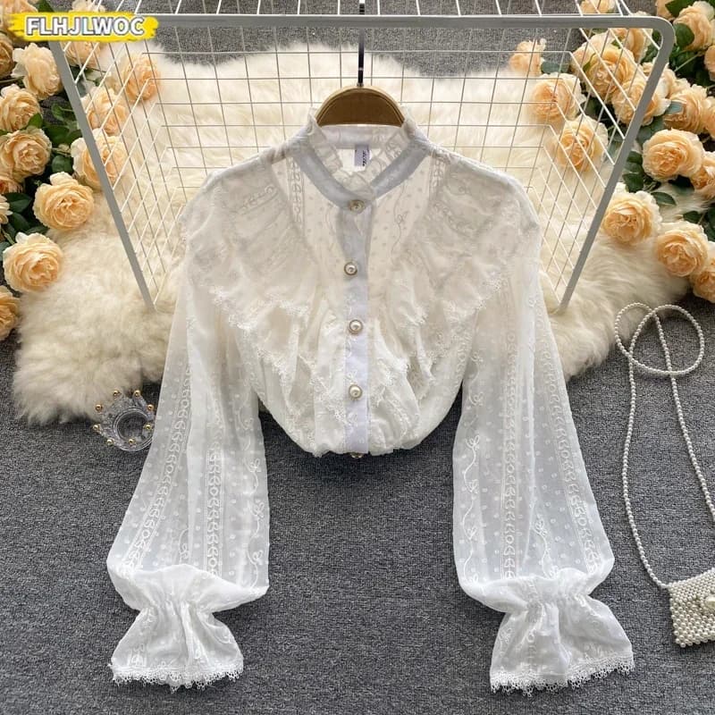 2025 Spring Basic Shirts Blouses Women Fashion Long Sleeve Elegant Office Lady Work Solid White Lace Ruffled Chic Tops Blusas