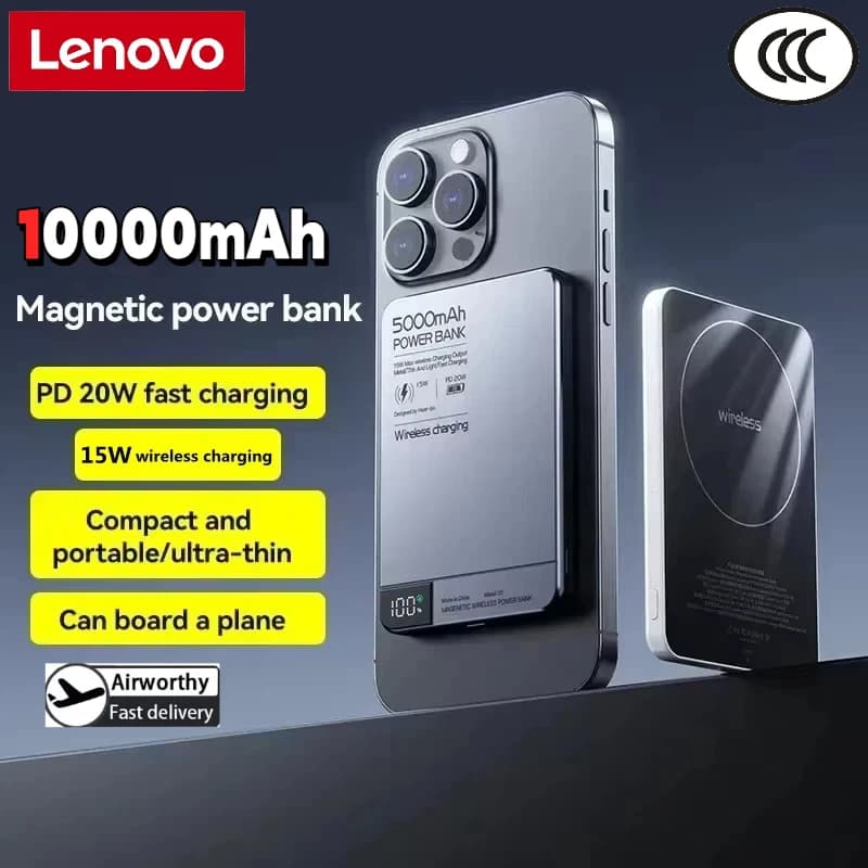 Lenovo Power Bank Magnetic 10000 mAh, Qi 2 Wireless Charger, PD20W Super Fast Charging for MagSafe, for iPhone and Samsung